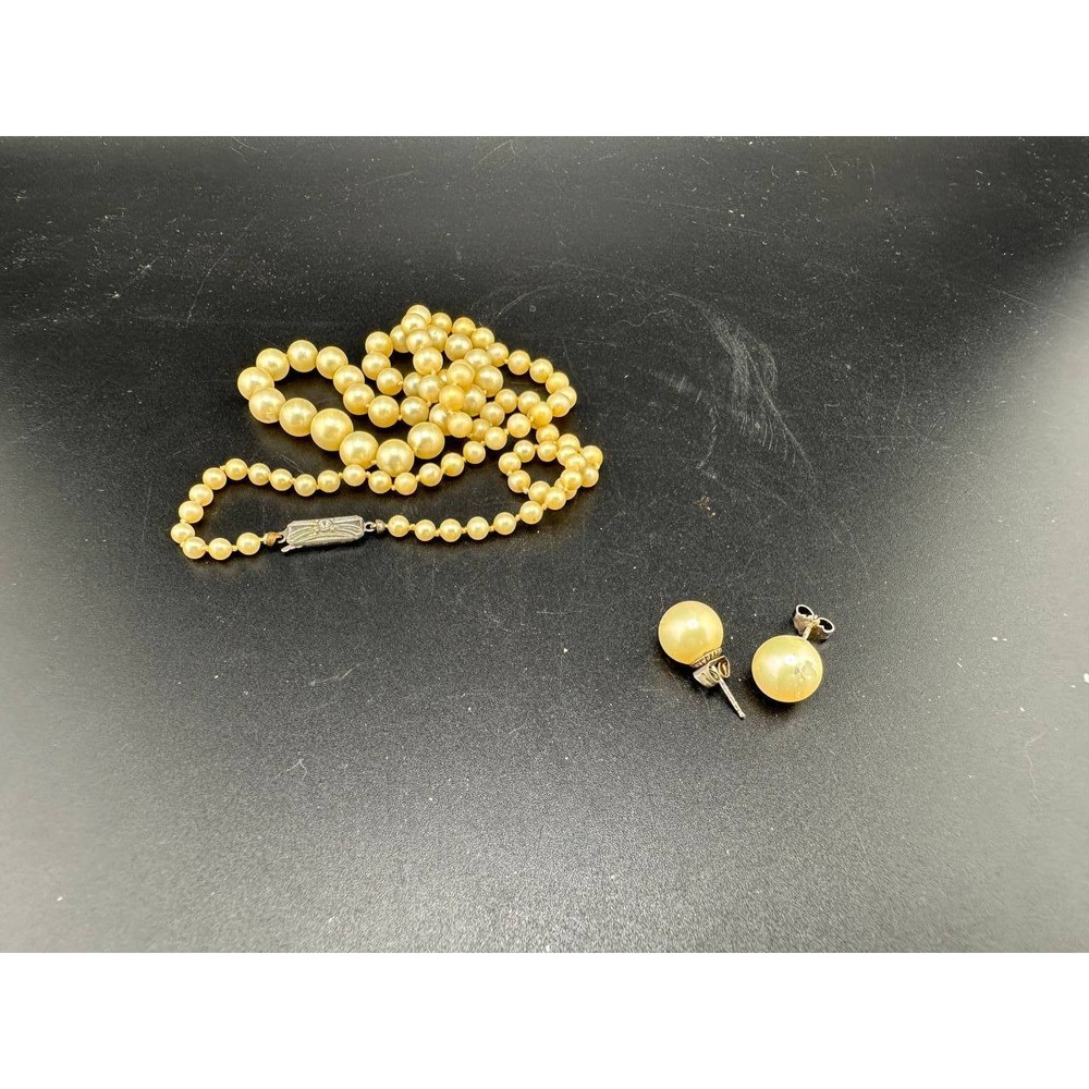 Vintage‎ Faux Pearl Necklace Earrings Set 830 Silver 051 (78)
